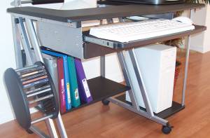 40 inch mobile contemporary compact computer desk with drawer and hutch printer shelf, in black