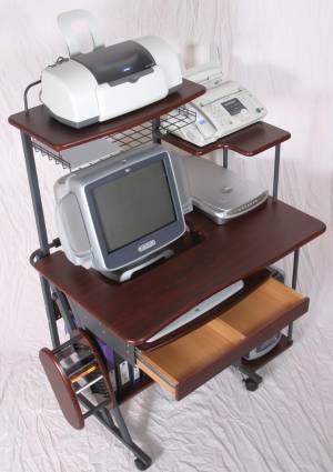 40 inch compact computer desk with drawer and hutch printer shelf, in dark cherry wood color with black frames