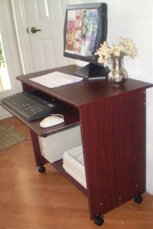 compact computer desk table dark cherry wood color