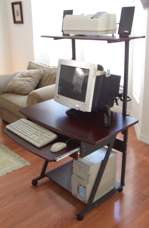 STAK47 Computer workstation in Dark Cherry></P>
<P><BR>Includes a full length <STRONG><U>drawer</U></STRONG> under the sliding keyboard shelf. The wide tower printer shelf is&nbsp;removable and 15