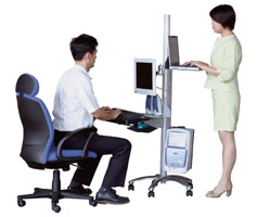 LCD mount flat panel monitor pole mount cart used by 2 individuals as portable computer workstation