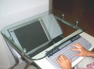 Downview computer desk  with recessed LCD or CRT monitor, under glass top, for school, ckassroom, home-office, business, medical use.