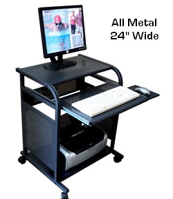 24 inch narrow black all metal computer cart. Portable small mobile computer desk made 100% in metal. Powder coated black steel computer cart workstation.