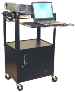 All steel mobile portable rolling computer workstation with lockable cabinet, keyboard tray, mouse tray, height adjustable, in black, for school, library, medical applications, as computer desk, cart for presentations, storage,trade shows, etc...