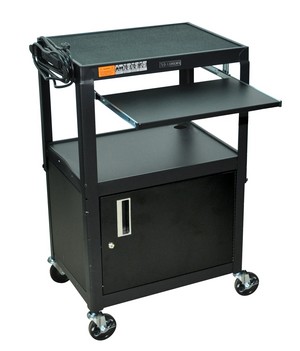 All steel mobile sit stand portable rolling computer workstation with lockable cabinet, keyboard tray, height adjustable, in black, for school, library, medical applications, as computer desk, cart for presentations, storage,trade shows, etc...