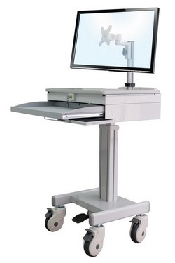 height adjustable sit and stand medical computer and laptop desk with lockable laptop drawer. Sit or stand computer desk