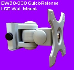 LCD Wall mount with a 100 x 100 and 75 x 75 VESA hole pattern. Easily install to wall and release in seconds. Titls, swivels & rotates. For motitors up to 25 inch and 25 lbs. On sale.