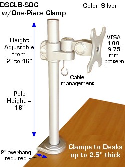 lcd monitor clamp-on desk stand; pole mounted lcd vesa bracket; height adjustable lcd mount bracket; tilt, swivel & rotate