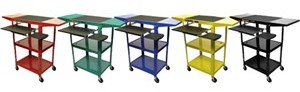 all metal 24 inch height adjustable computer workstation: narrow, compact,  4 inch wheels, mouse tray and pull-out keyboard tray, in yellow, blue, green, red, black