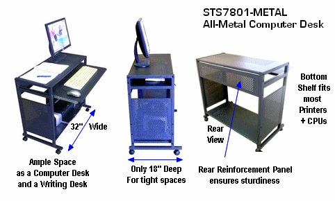 all metal black computer cart and table. Strong steel compact mobile computer laptop desk in clack; 32 inches wide
