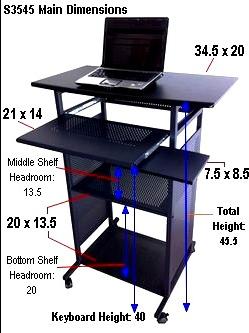 image of 35 inch wide stand up computer desk for using a computer in standing position. All black stand up computerdesk