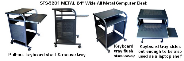 black steel compact computer desk and cart; narrow, small computer desk in black; 100 made of steel